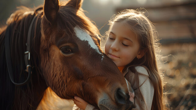 Beautiful serene girl spending a tranquil moment with a horse in a beautiful Autumn season of a young girl and horse, Generative Ai