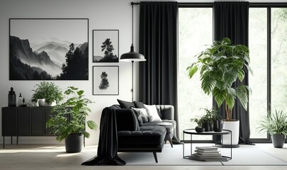 Contemporary room with black frames, draperies, and potted green plants, living room.