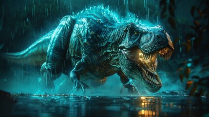 Dinosaur hologram, lifelike projection, Jurassic ambiance, eyelevel, digital art, prehistoric marvel  high resolution Sony DSLR, cinematic, 8K, high-resolution, photographic style - obrazy, fototapety, plakaty