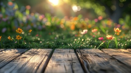 Sunlight filtering through leaves on a rustic wooden surface with a backdrop of wildflowers