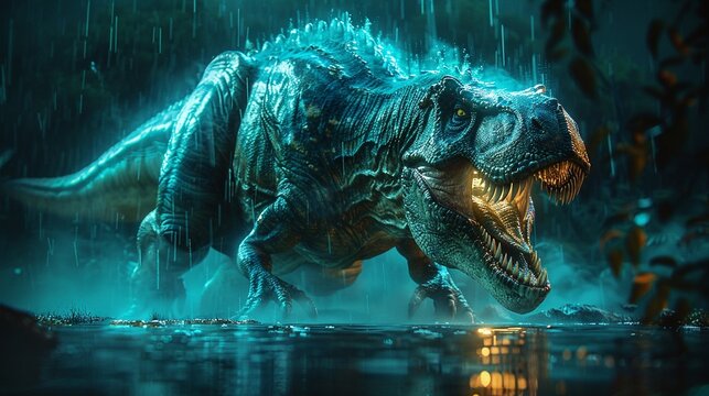 Dinosaur hologram, lifelike projection, Jurassic ambiance, eyelevel, digital art, prehistoric marvel  high resolution Sony DSLR, cinematic, 8K, high-resolution, photographic style
