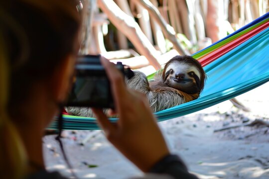 Person Photographing A Sloth Resting In A Colorful Hammock