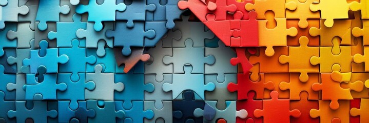 World Autism Awareness Day. Red and yellow, blue puzzles  In a blue background. The concept of awareness of autistic disorders. A house made of puzzles. A horizontal banner with a place for text. - obrazy, fototapety, plakaty