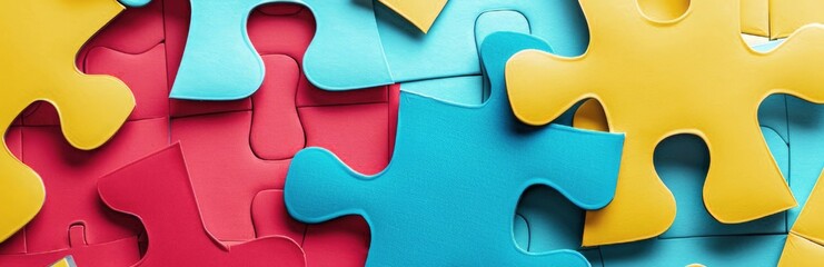 World Autism Awareness Day. Red and yellow, blue puzzles In a blue background. The concept of awareness of autistic disorders. A horizontal banner with a place for text.  - obrazy, fototapety, plakaty