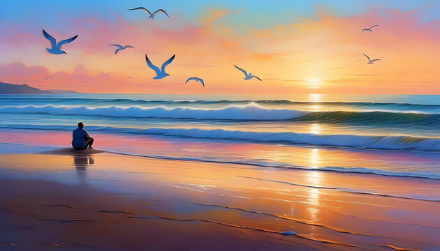 A serene coastal scene at sunset with a lone figure sitting on the shore and seagulls flying overhead.