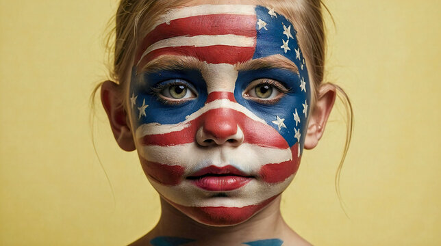 Portrait of a kid with the American flag painted on the face