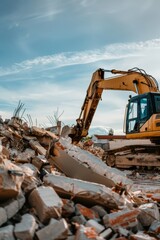 Fototapeta premium A contractor operating heavy machinery and equipment at a demolition site, clearing debris and preparing the area for construction, Generative AI