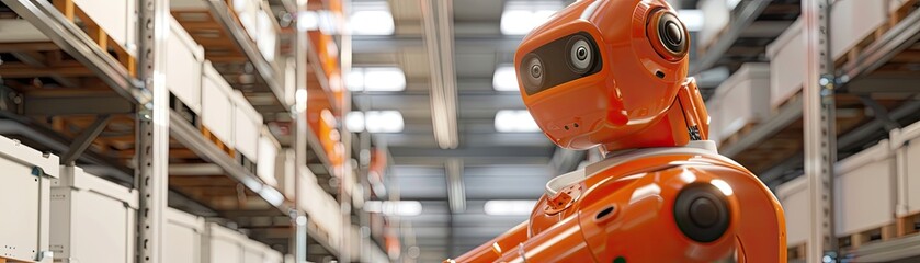 "Industrial robot with articulated arm picking items in a modern warehouse."