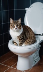 cute tabby cat sitting on toilet bowl