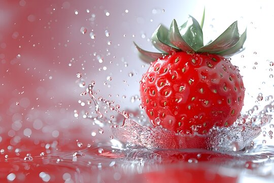 Luscious Strawberry with Refreshing Water Splash on Shimmering Red Background for Advertising