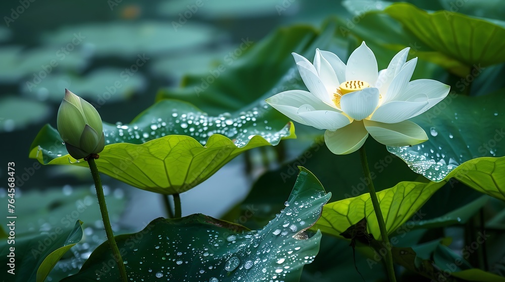 Poster generative ai : beautiful white lotus blooming in the pool and water drops on lotus flower and lotus