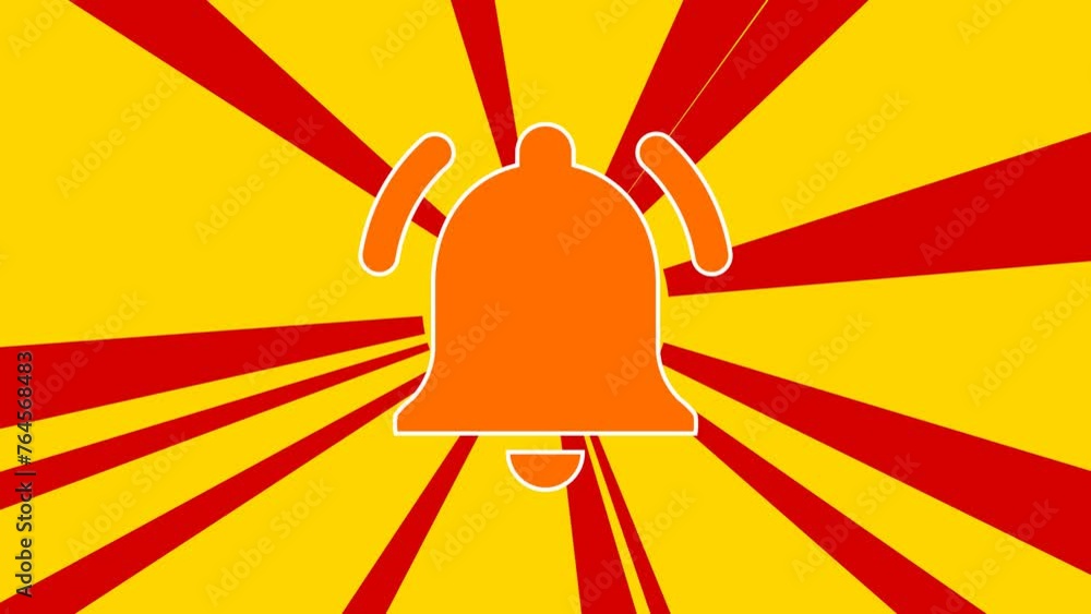 Poster bell symbol on the background of animation from moving rays of the sun. large orange symbol increase