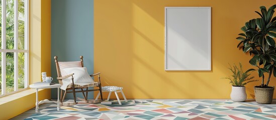 A minimalist interior featuring a single white chair against a vibrant yellow painted wall