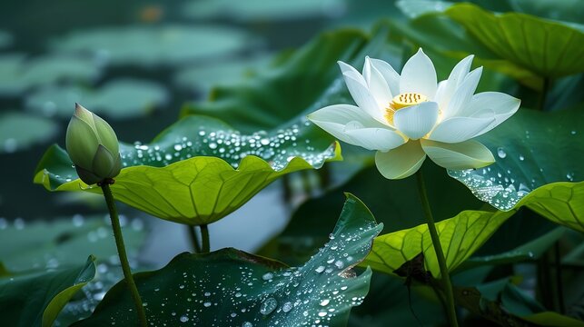 Generative AI : Beautiful white lotus blooming in the pool and water drops on lotus flower and lotus leaf