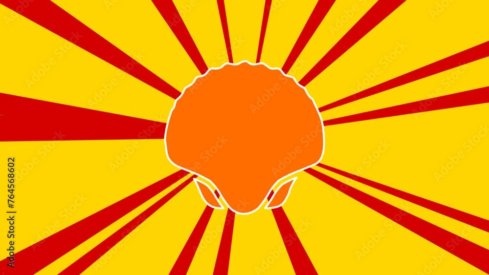 Poster sea shell symbol on the background of animation from moving rays of the sun. large orange symbol inc
