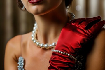 woman accessorizing with pearl necklace and gloves