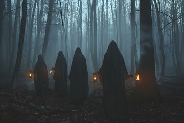 Witches in Black Cloaks Performing a Ritual in a Dark Forest: Halloween Witchcraft Scene. Concept Halloween Photoshoot, Witchy Aesthetics, Dark Woods Ritual, Spooky Atmosphere, Black Cloaks - obrazy, fototapety, plakaty