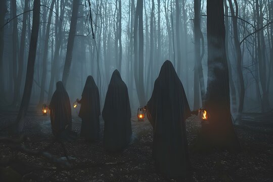Witches in Black Cloaks Performing a Ritual in a Dark Forest: Halloween Witchcraft Scene. Concept Halloween Photoshoot, Witchy Aesthetics, Dark Woods Ritual, Spooky Atmosphere, Black Cloaks