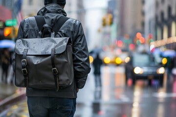 waterproof messenger bag on a commuter in the city rain - 764568838