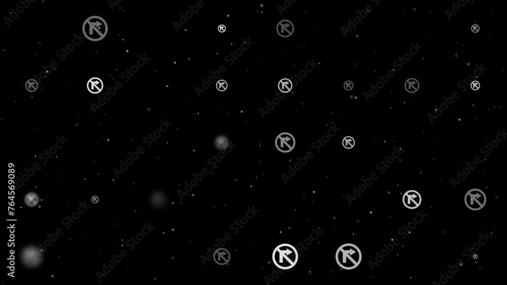 Poster template animation of evenly spaced no right turn signs of different sizes and opacity. animation of