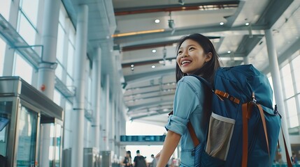 Generative AI : Happy attractive asian woman traveler with backpack at the modern airport terminal - obrazy, fototapety, plakaty