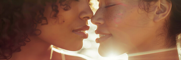 Two women share a close, intimate moment, with their faces nearly touching in the warm, soft glow of the setting sun - obrazy, fototapety, plakaty