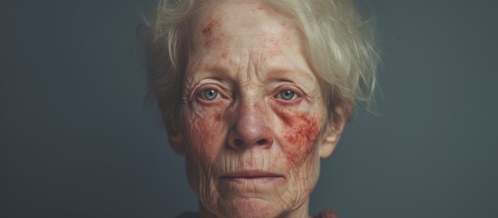 Capture of an elderly woman featuring a red blemish on her face - obrazy, fototapety, plakaty