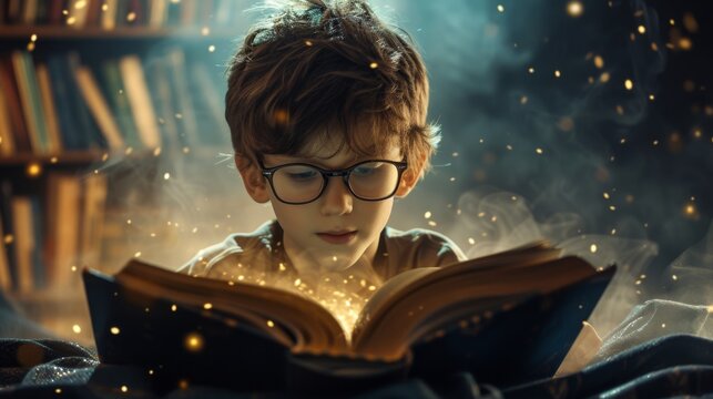 child with glasses reading a book with magic sparkles