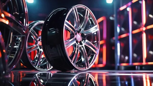 Alloy wheels, alloy wheels or alloy wheels, high performance car parts in car showrooms