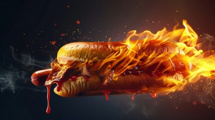 A close-up shot of an angry hot dog caught fire from the heat, the concept of food. On a dark background highlightdetails.  