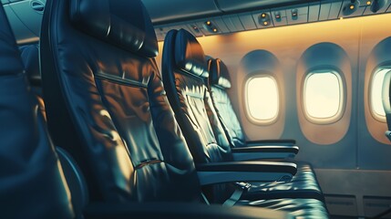 Generative AI : Airplane cabin interior, empty comfortable seats in economy class with portholes