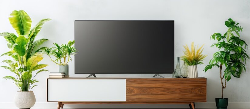 A television placed on a entertainment unit, with various green plants and a small plant in a pot nearby