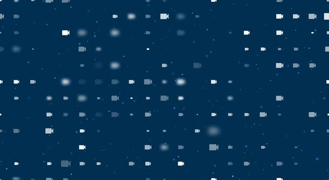 Template animation of evenly spaced video camera symbols of different sizes and opacity. Animation of transparency and size. Seamless looped 4k animation on dark blue background with stars
