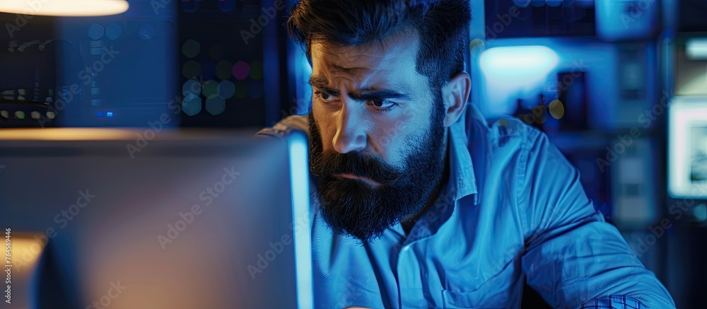 Aufkleber a man sitting at a desk working on a computer with a blue screen display, focused on his task
