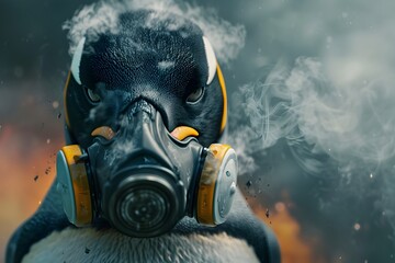 Close-up of a person wearing a gas mask in a smoky,industrial environment suggesting a hazardous or dangerous situation - obrazy, fototapety, plakaty