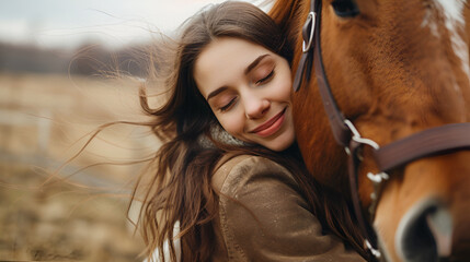 Beautiful serene girl spending a tranquil moment with a horse in a beautiful Autumn season of a young girl and horse, Generative Ai