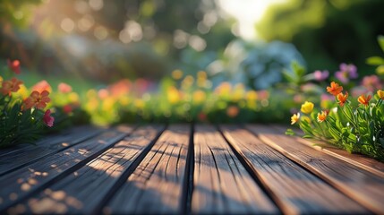 Warm sunset light on a wooden garden deck surrounded by a blur of colorful spring flowers