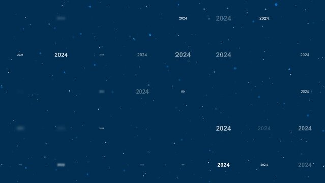 Template animation of evenly spaced 2024 year symbols of different sizes and opacity. Animation of transparency and size. Seamless looped 4k animation on dark blue background with stars