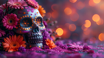  Mask day of the dead, sugar skulls, colorful, flowers, top angle, right copy space.