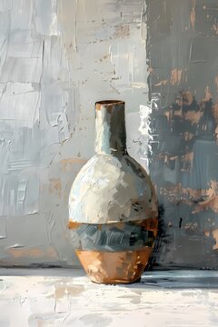 Oil painting depicting a wabi sabi style  of antique ceramic vase on a smooth surface, set against a minimalist white and grey background,art work for wall art, home decor and wallpaper 