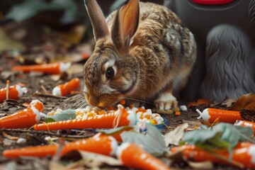 rabbit munching on food with carrotthemed toys - obrazy, fototapety, plakaty