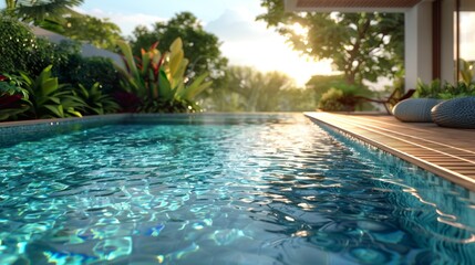 Tranquil resort pool at sunset with lush tropical foliage and relaxing poolside ambiance - obrazy, fototapety, plakaty