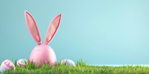 3D illustration of colored Easter egg with rabbit ears on green grass on blue pastel background