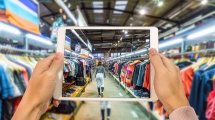 A person standing inside a store, holding a tablet up while looking at the screen - obrazy, fototapety, plakaty
