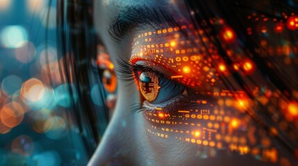 Fototapeta na wymiar Close up of Asian woman's eye with futuristic circuitry and data
