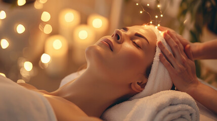 A woman lying down, relaxing while a professional massages her face at a spa