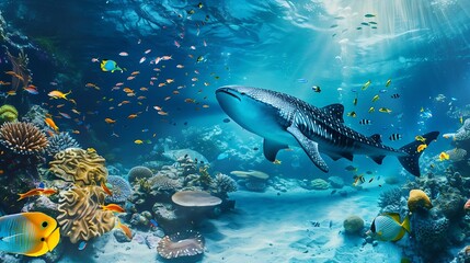 Generative AI : background of beautiful coral reef with marine tropical fish. Whale shark,  - obrazy, fototapety, plakaty
