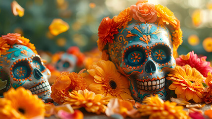 ask day of the dead, sugar skulls, colorful, flowers, top angle, right copy space.