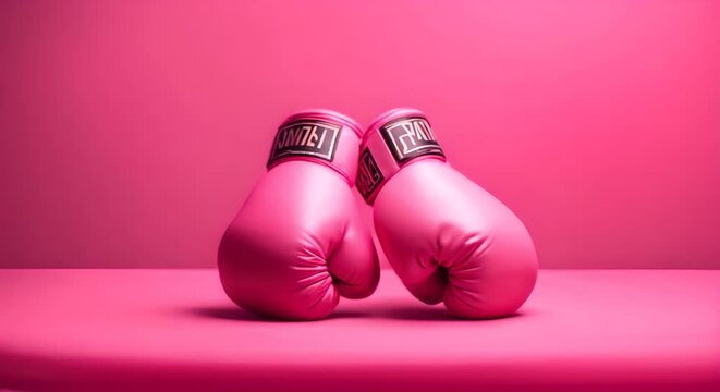 Pink boxing gloves. Concept of fighting cancer.	
