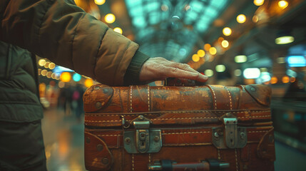 close-up of a traveler's hand gripping a wet suitcase handle during a rainy night in the city.. - Powered by Adobe